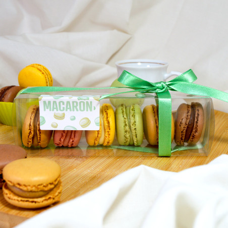 Caja acetato macarons 50x50x160mm con cinta y etiqueta personalizada