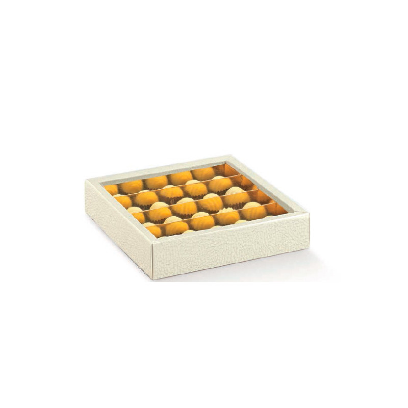 Caixa pele branca com tampa transparente e separadores 145x145x35mm