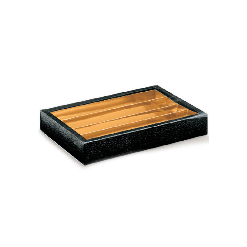 Caixa pele preta com tampa transparente e separadores 215x145x35mm