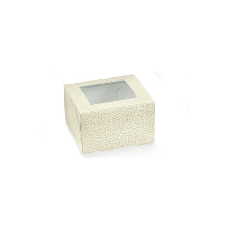 Caixa retangular pele branca com janela para bolos 100x100x60mm