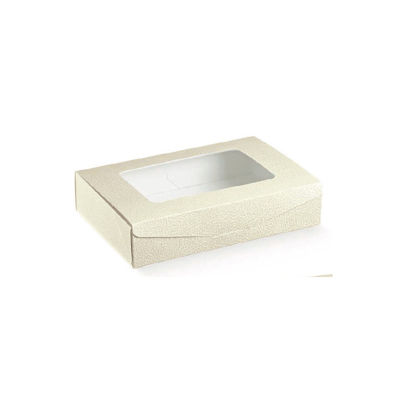 Caixa retangular pele branca com janela para bolos 240x160x50mm
