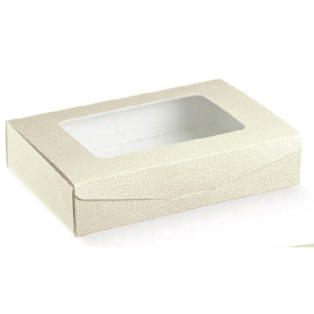 Caixa retangular pele branca com janela para bolos 240x160x50mm